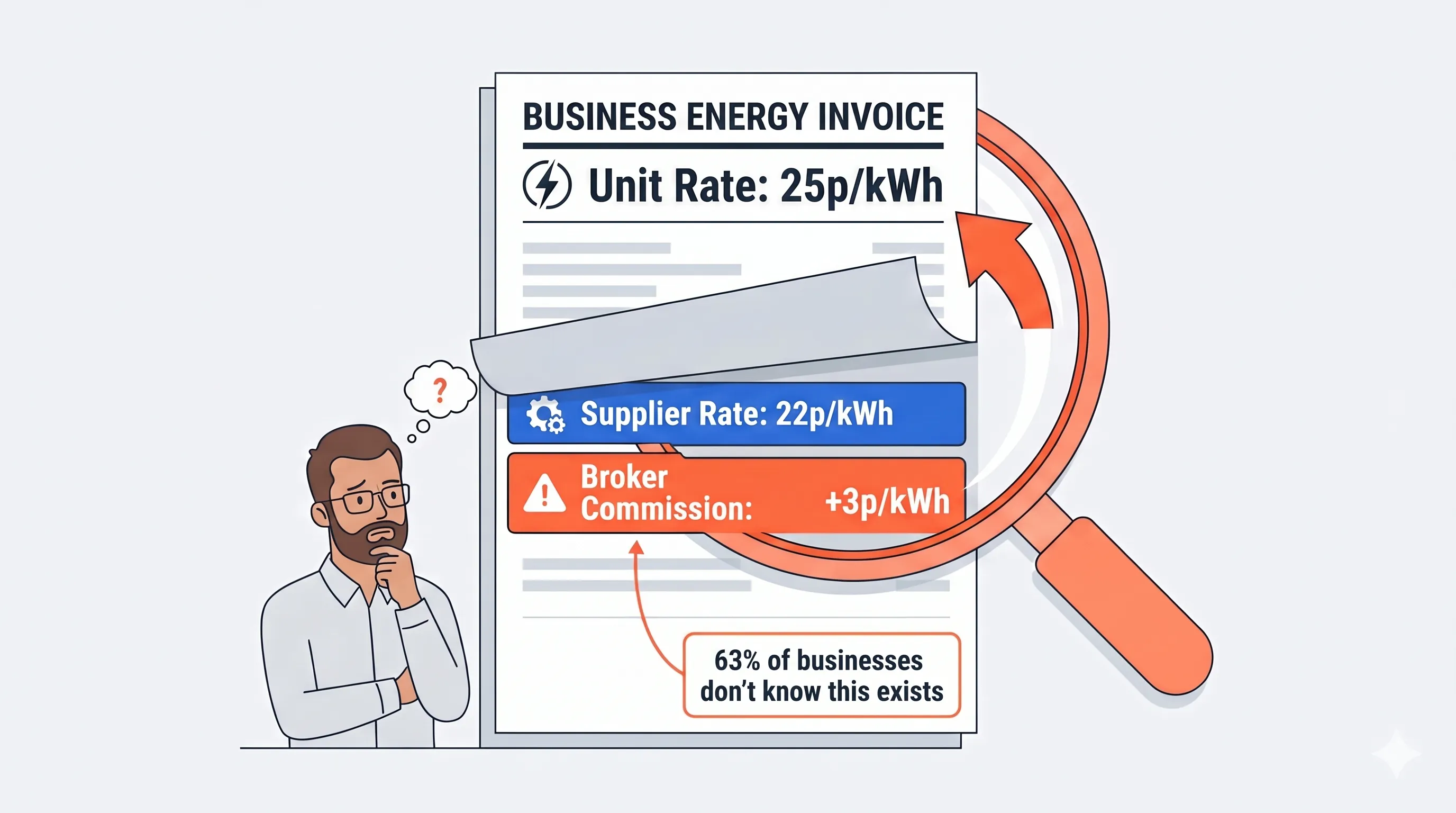 Business owner examining energy invoice with magnifying glass revealing undisclosed broker commission of 3p per kWh embedded in the 25p unit rate, with a callout showing 63 percent of businesses don't know this exists