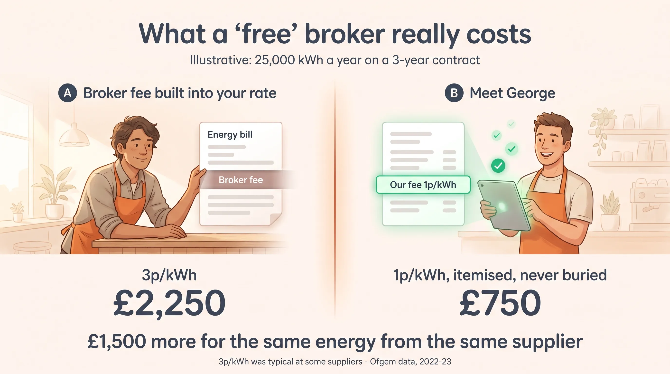 Illustrative comparison for a business using 25,000 kWh a year on a 3-year contract: on the left, a relaxed cafe owner holds an energy bill with a broker fee hidden inside the rate - 3p/kWh, £2,250; on the right, the same owner reads an itemised quote with a separate line for our fee - 1p/kWh, itemised, never buried, £750. £1,500 more for the same energy from the same supplier. 3p/kWh was typical at some suppliers - Ofgem data, 2022-23