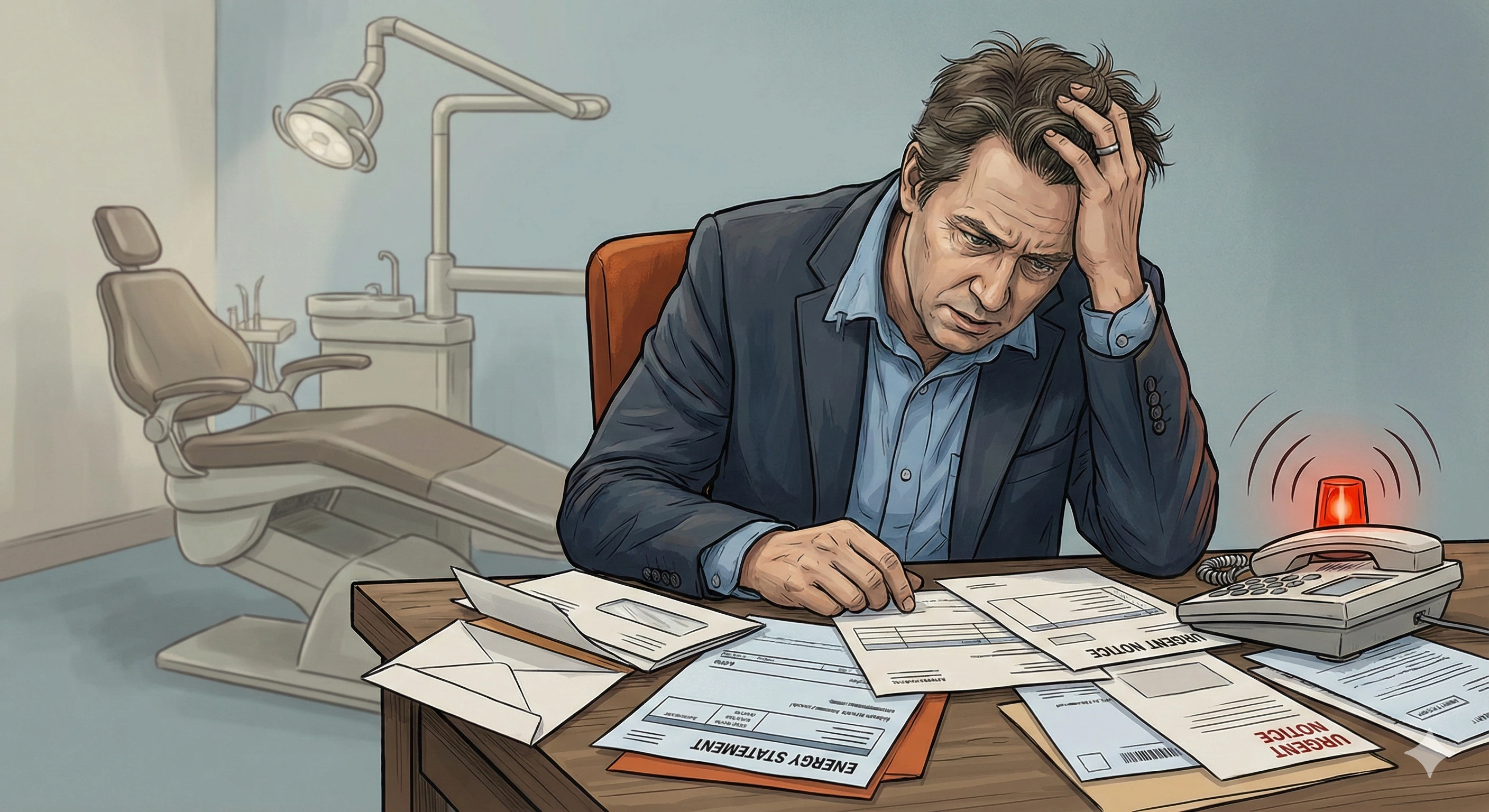 Frustrated business owner at desk surrounded by paperwork, phone ringing, and a metaphorical dentist chair in the background representing the pain of energy switching