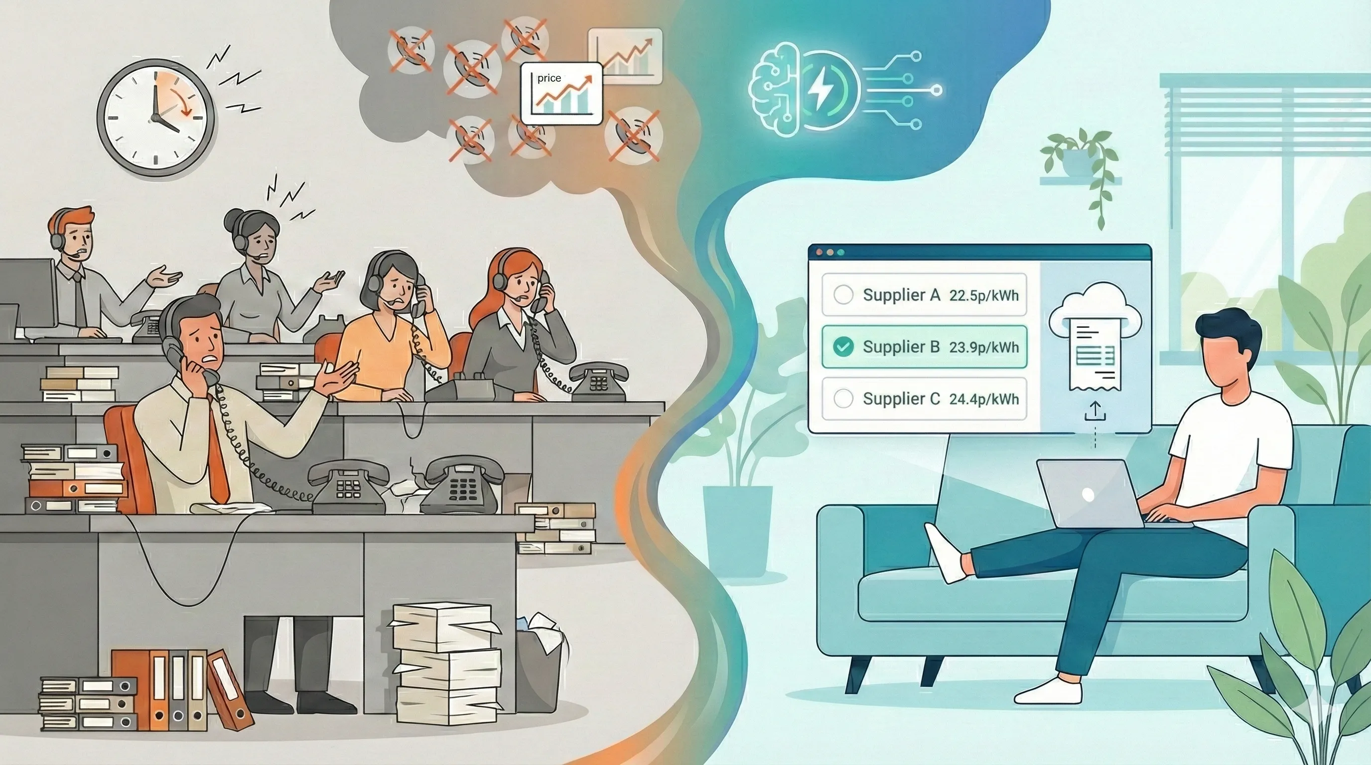 Illustration contrasting traditional call centre energy switching with AI-powered self-service platform