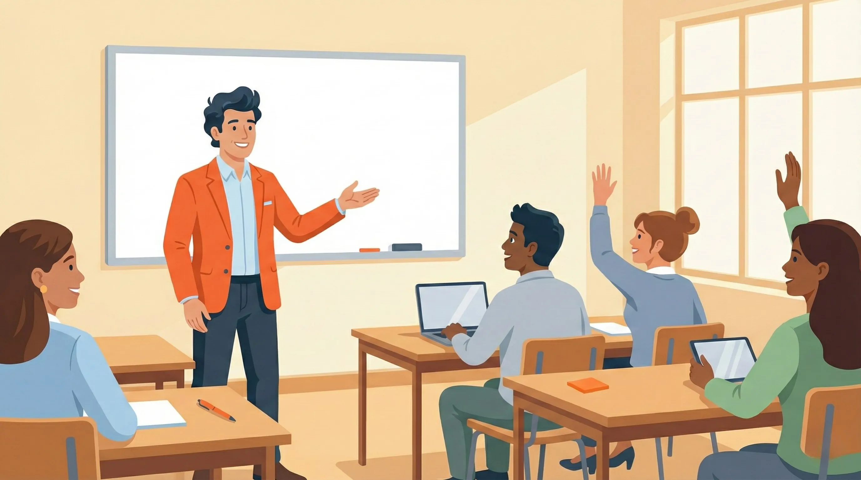 Illustration of George in an orange blazer teaching a classroom of business owners raising their hands to ask energy questions