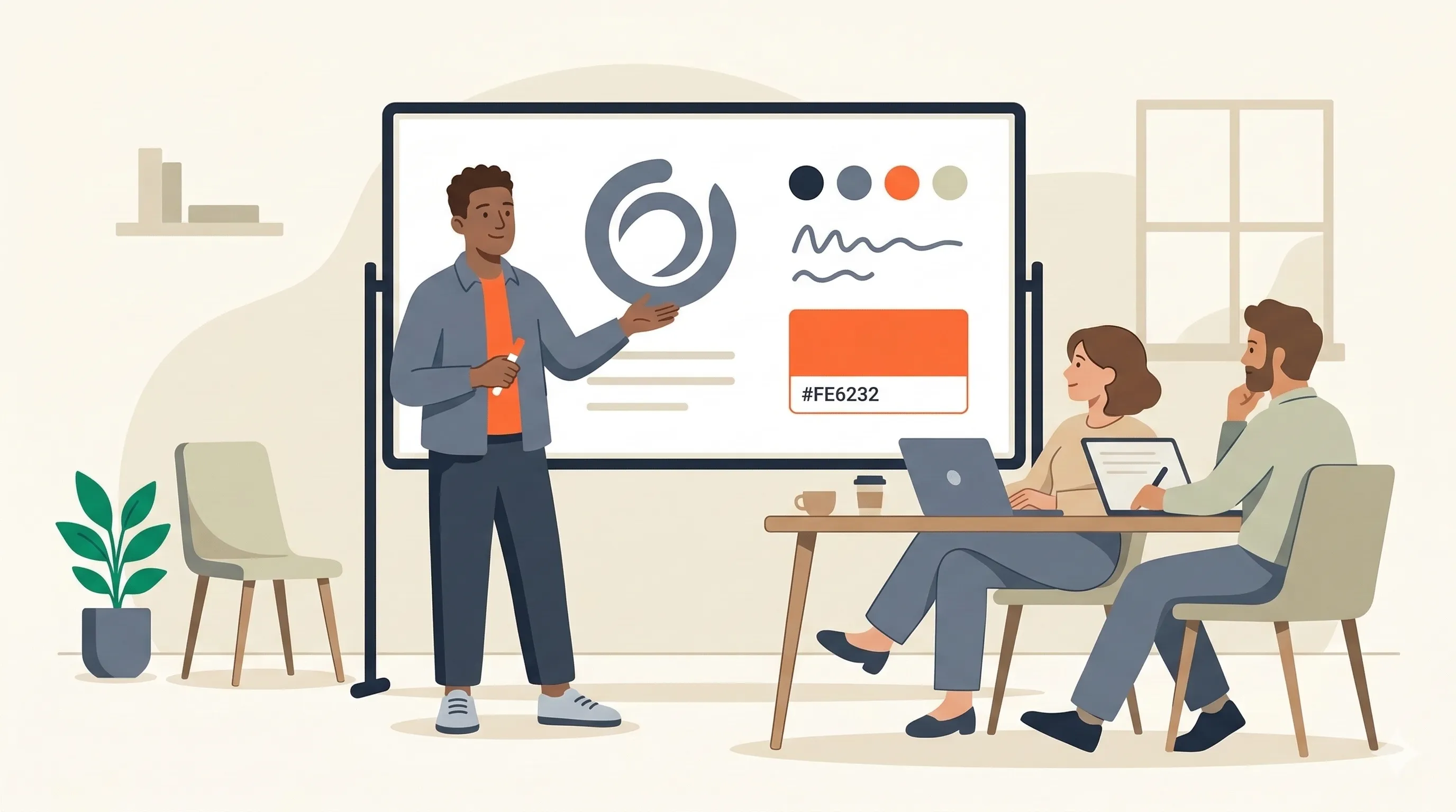 Illustration of a person presenting brand guidelines to colleagues at a whiteboard showing colour swatches and typography