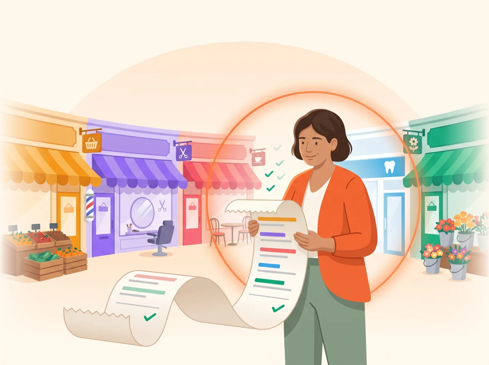 Illustration of a business owner in an orange cardigan reading a long receipt printed with five coloured bars, in front of a shop, a hair salon, a cafe, a dental practice and a florist on one high street