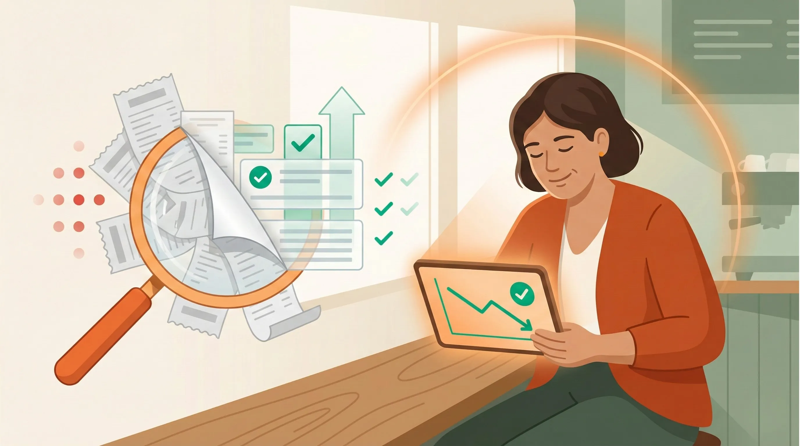 Illustration of a business owner in an orange jacket sitting at a counter, calmly reviewing a tablet showing a downward cost trend. A magnifying glass reveals tangled receipts and hidden fees on the left, while clean organised documents with green checkmarks emerge on the right, representing the clarity that forensic energy analysis brings.
