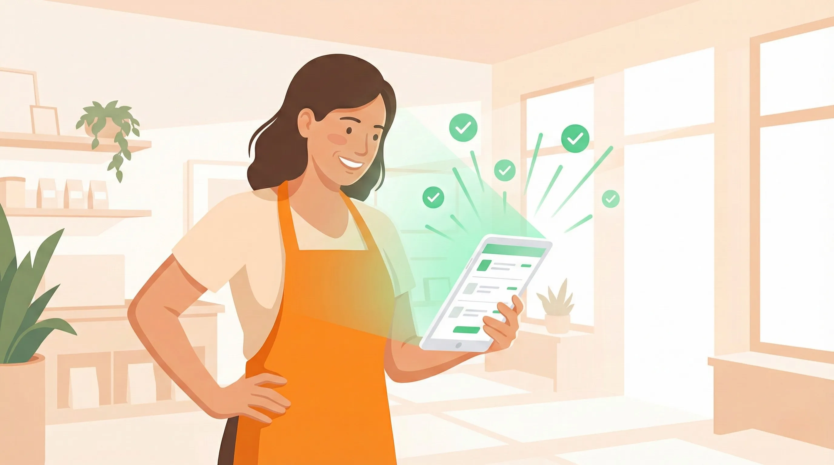 Illustration of a business owner reviewing clear, itemised energy quotes with all fees visible