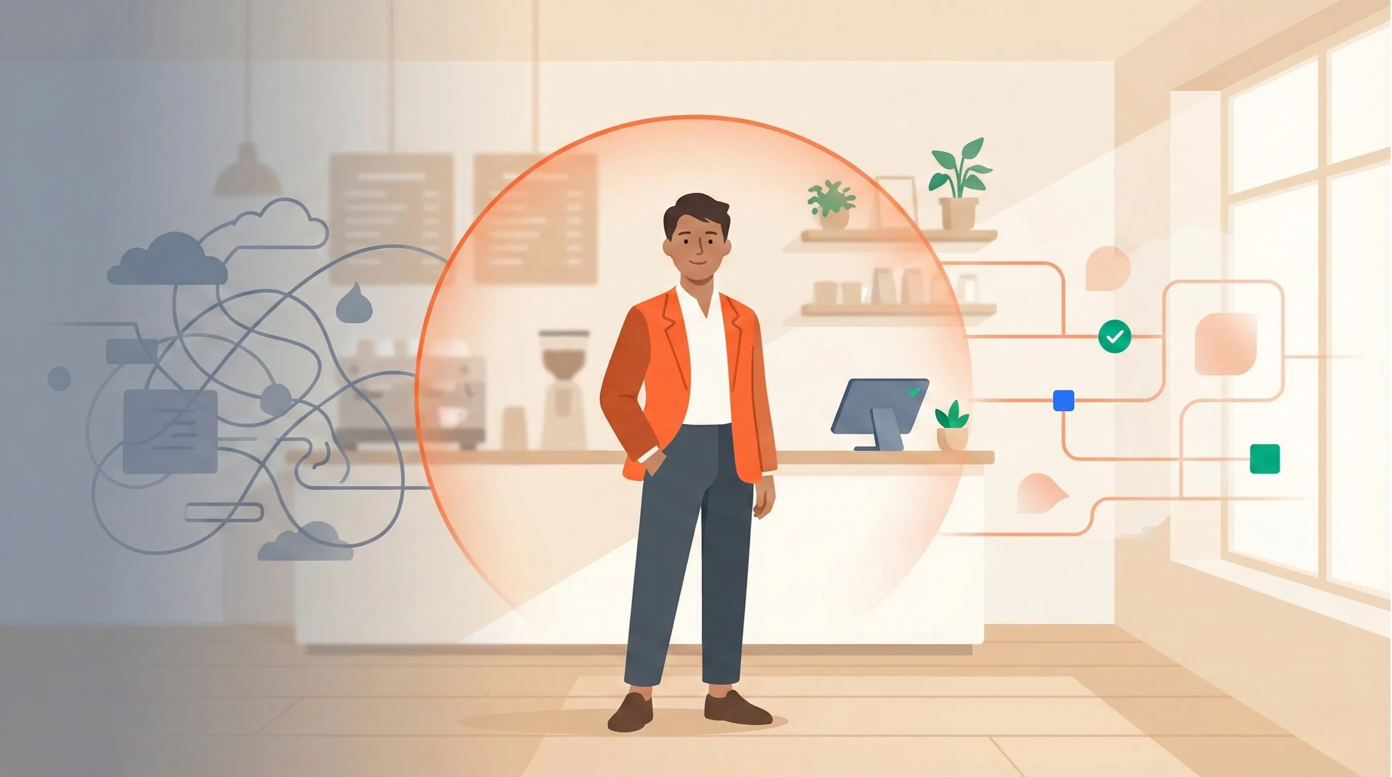 Illustration of a confident business owner in an orange jacket standing in their shop, surrounded by a protective orange glow. On the left, tangled grey lines represent the chaos of unregulated brokers. On the right, clean organised pathways with checkmarks represent the clarity that regulation brings.