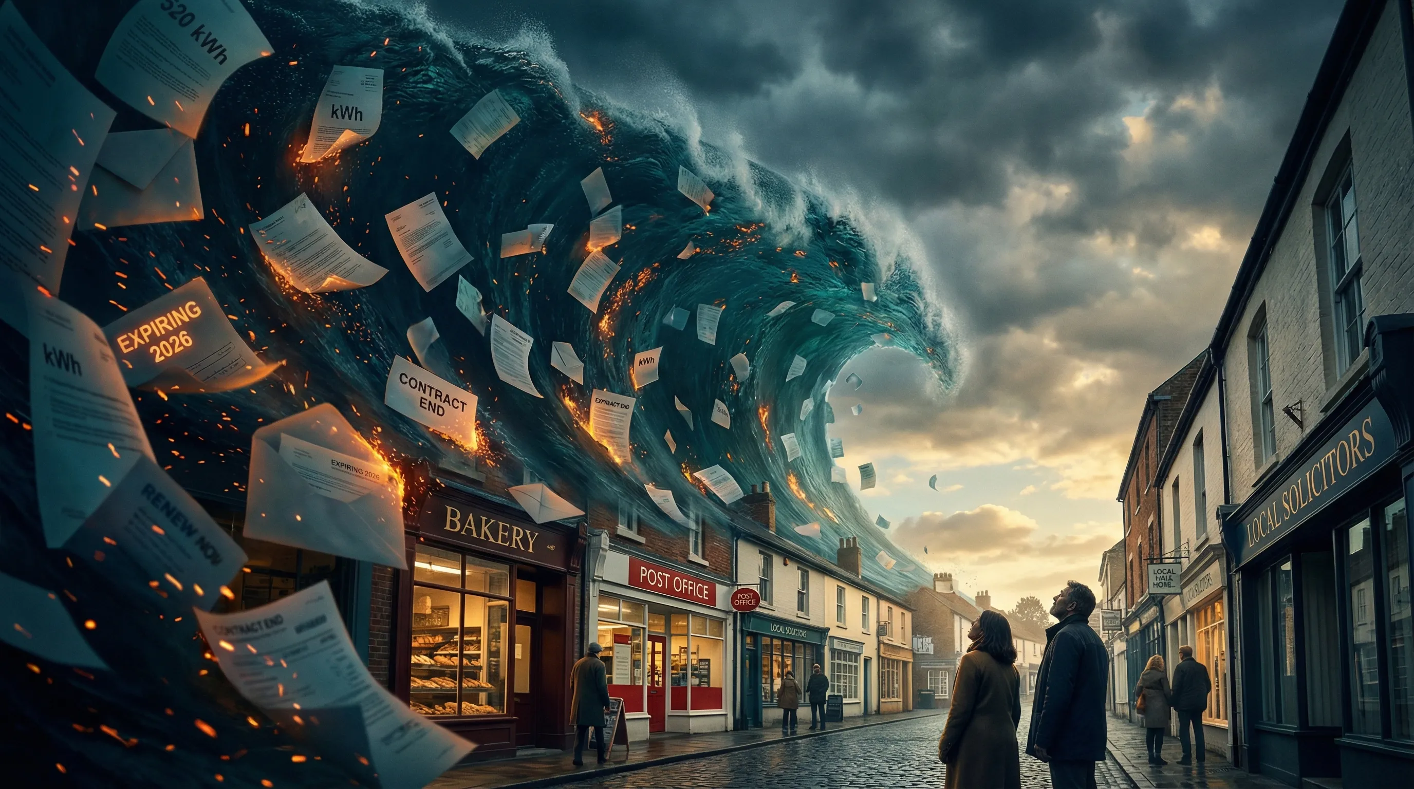 A dramatic wave of expiring energy contracts cresting over a UK high street - representing the 2026 business energy renewal wave